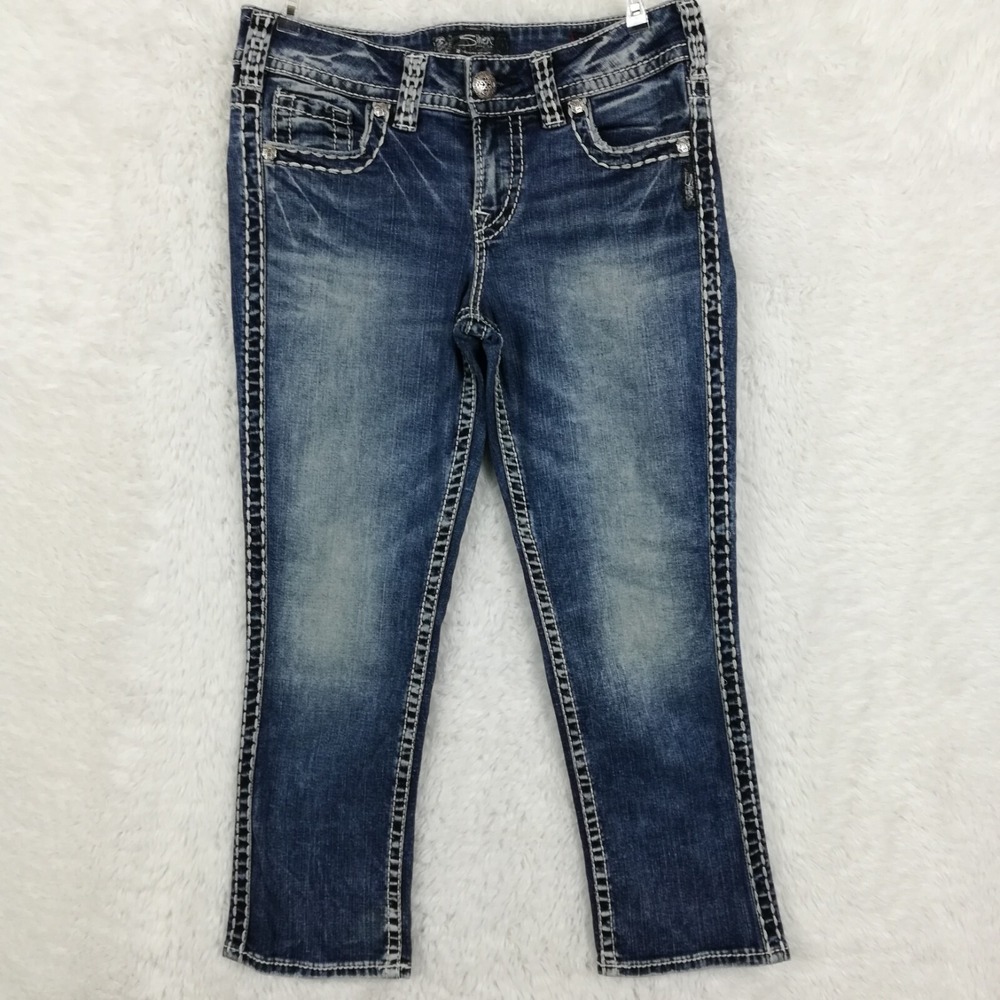 Silver Jeans Womens Capri Suki Denim Blue Stone Wash Whiskering Low Rise 28